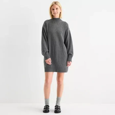 By & By By&by Womens Juniors Long Sleeve Embellished Sweater Dress In Black