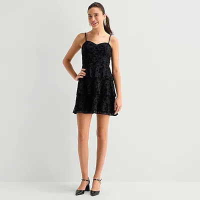 By & By By&by Womens Juniors Sweetheart Neck Sleeveless Floral Fit + Flare Dress In Black