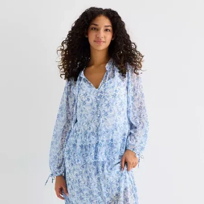 By & By By&by Womens Juniors V Neck Long Sleeve Blouse In Blue