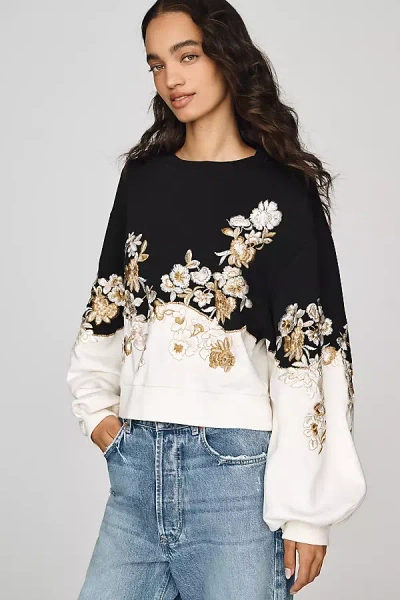 By Anthropologie 100% Cotton Embroidered Sweater In Black