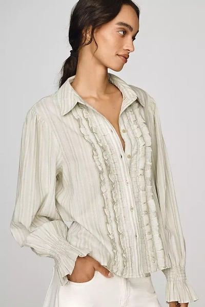 By Anthropologie 100% Cotton Ruffle Buttondown Shirt In Green