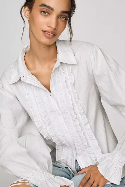 By Anthropologie 100% Cotton Ruffle Buttondown Shirt In Grey