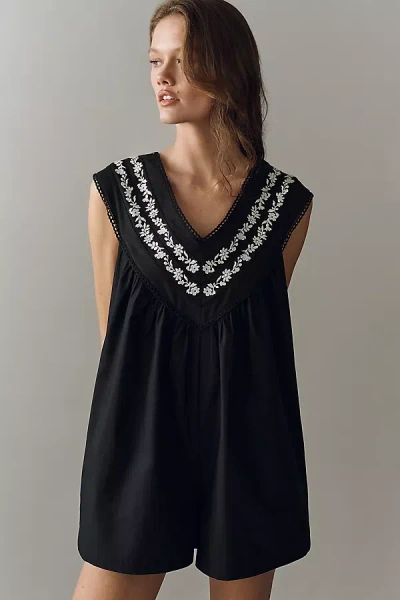 By Anthropologie 100% Cotton V-neck Yoke Romper In Black
