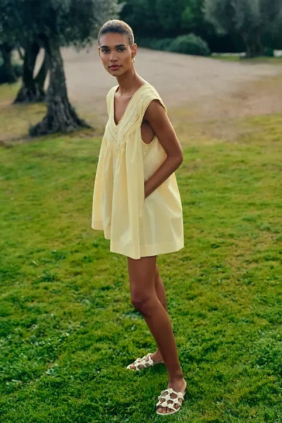 By Anthropologie 100% Cotton V-neck Yoke Romper In Yellow