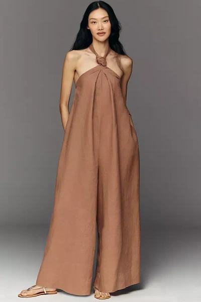 By Anthropologie 100% Linen Halter-neck Jumpsuit In Brown