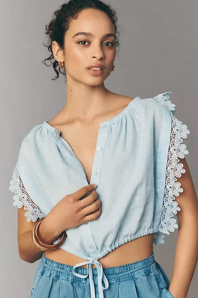 By Anthropologie 100% Linen Mixed Lace Crop Top In Neutral