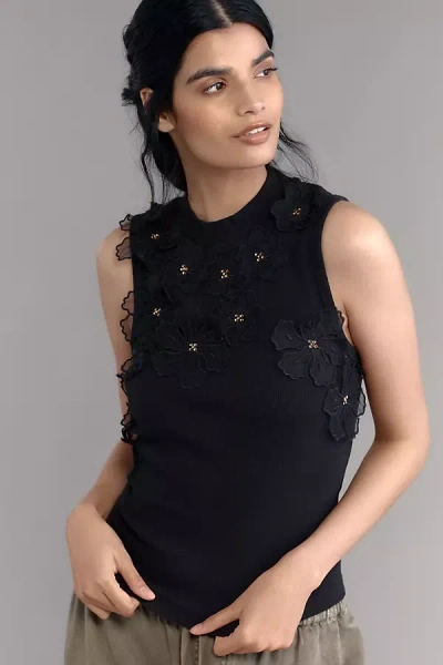 By Anthropologie 3-d Floral Applique Sleeveless Top In Black