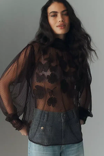 By Anthropologie 3d Butterfly Sheer Blouse In Black