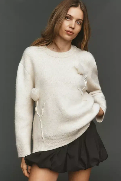 By Anthropologie 3d Floral Crewneck Sweater In White