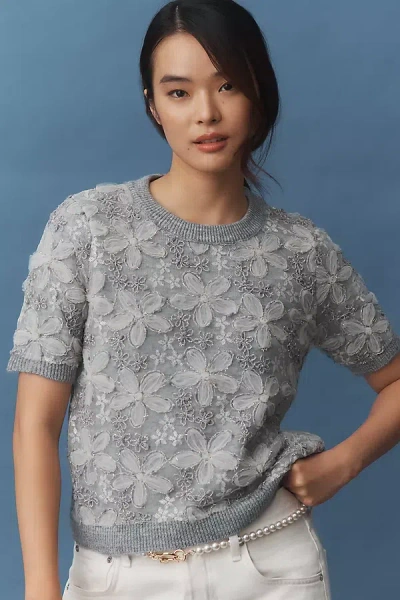 By Anthropologie 3d Floral Embellished Sweater Tee In Gray