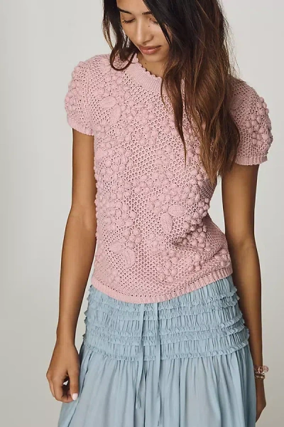 By Anthropologie 3d Floral Short-sleeve Crew-neck Sweater In Pink