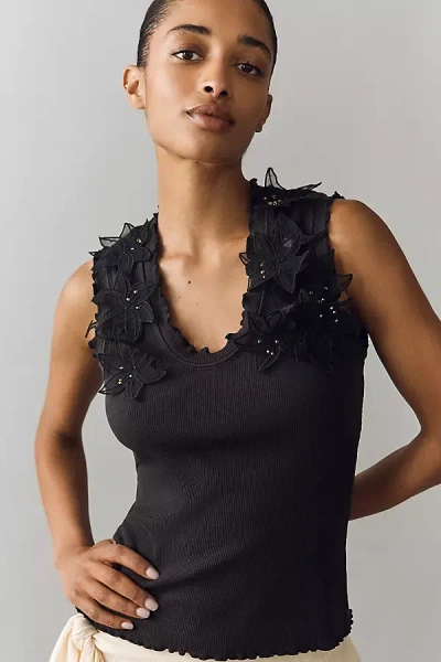 By Anthropologie Applique Floral Tank Top In Black