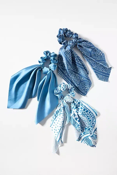 By Anthropologie Assorted Patterned Hair Scarf Scrunchies, Set Of 3 In Blue