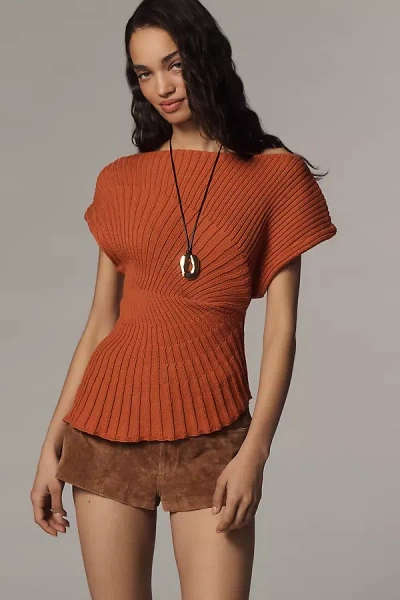 By Anthropologie Asymmetric Ribbed Short-sleeve Sweater In Brown
