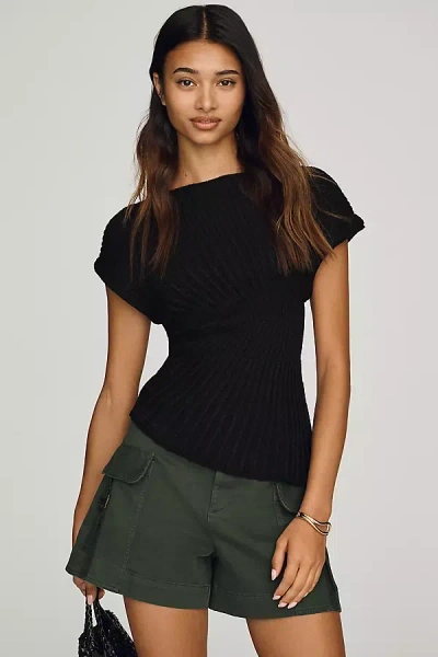 By Anthropologie Asymmetric Ribbed Short-sleeve Sweater In Black