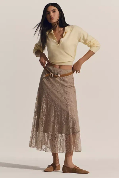 By Anthropologie Asymmetrical Drop-waist Lace Midi Skirt In Beige