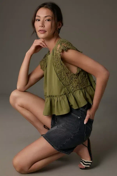 By Anthropologie Babydoll Lace Top In Green