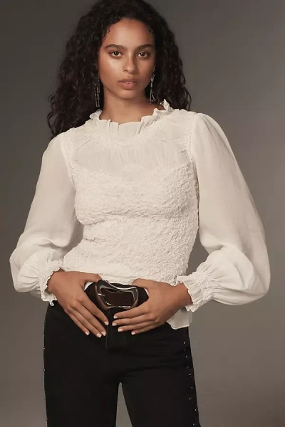 By Anthropologie Balloon-sleeve Smocked Peplum Blouse In White
