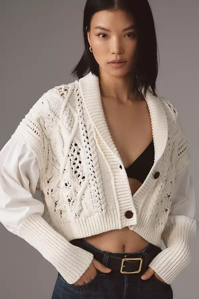 By Anthropologie Balloon-sleeve Twofer Cable-knit Cardigan Sweater In White