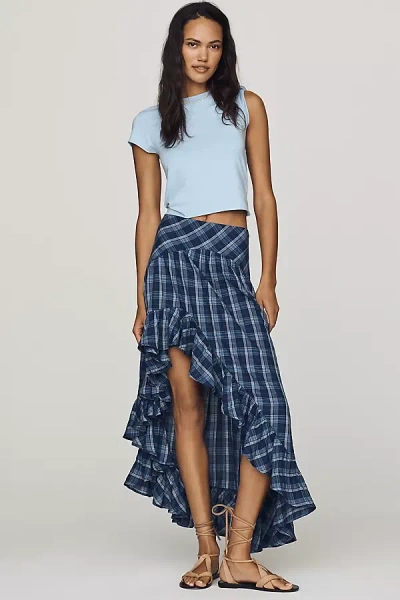 By Anthropologie Basque-waist Ruffled High-low Maxi Skirt In Blue