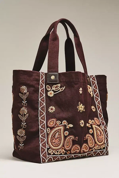 By Anthropologie Beaded 100% Cotton Canvas Tote Bag In Brown