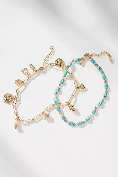 By Anthropologie Beaded Charm Anklets, Set Of 2 In Blue