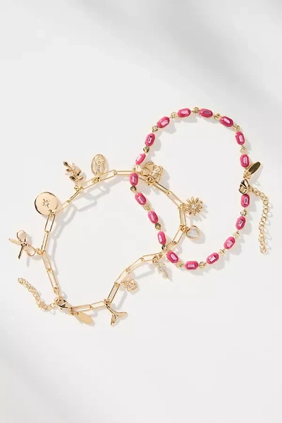 By Anthropologie Beaded Charm Anklets, Set Of 2 In Pink