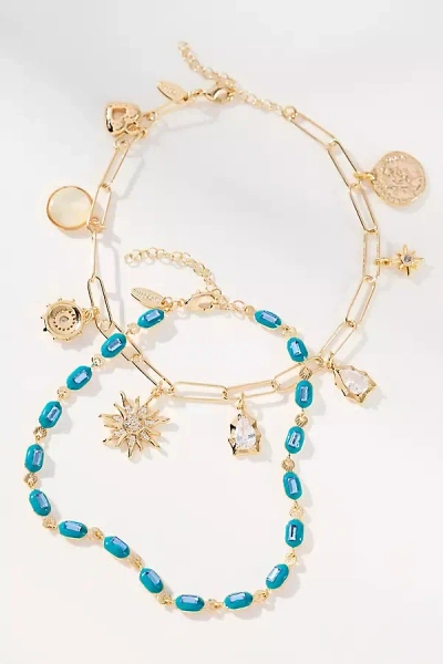 By Anthropologie Beaded Charm Anklets, Set Of 2 In Blue