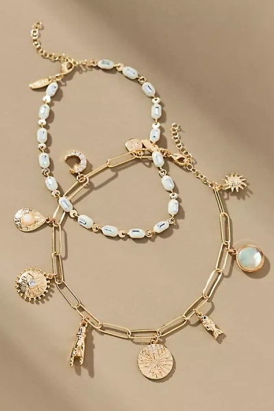 By Anthropologie Beaded Charm Anklets, Set Of 2 In White