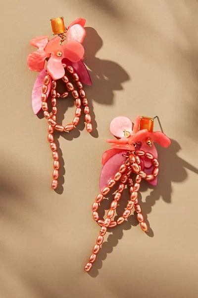 By Anthropologie Beaded Flower Bouquet Drop Earrings In Pink