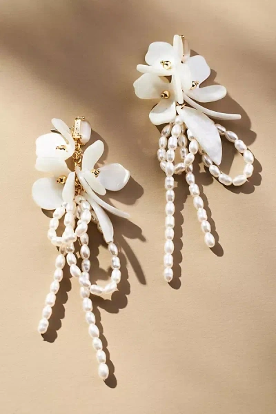 By Anthropologie Beaded Flower Bouquet Drop Earrings In White