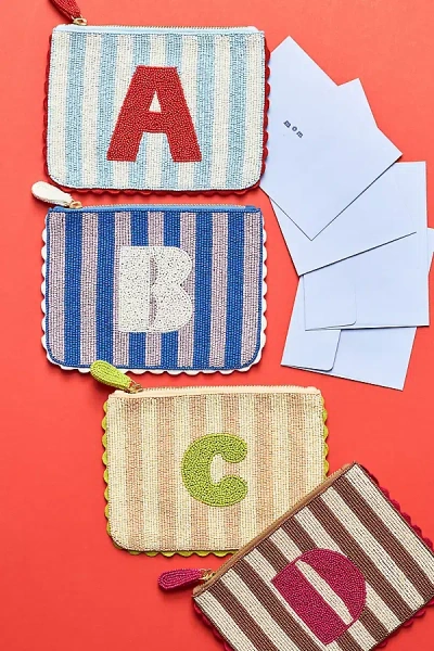 By Anthropologie Beaded Monogram Stripe Pouch In Alphabet