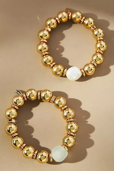 By Anthropologie Beaded Pearl Bracelets, Set Of 2 In Gold