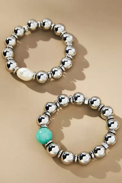 By Anthropologie Beaded Pearl Bracelets, Set Of 2 In Silver