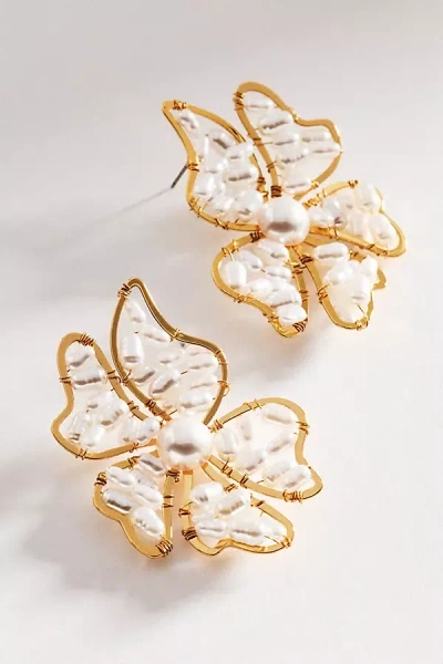 By Anthropologie Beaded Pearl Floral Post Earrings In Gold