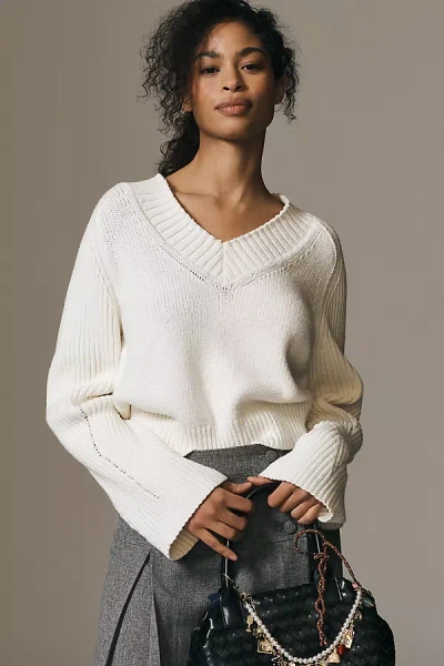 By Anthropologie Bell-sleeve V-neck Sweater In White