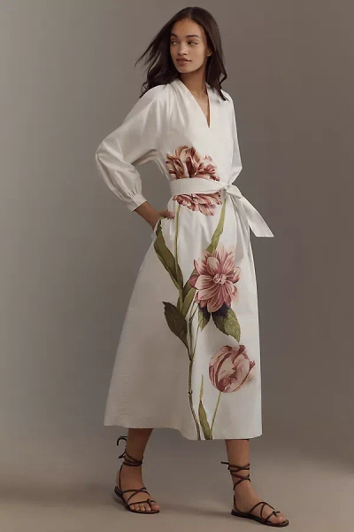 By Anthropologie Belted V-neck Midi Dress In White