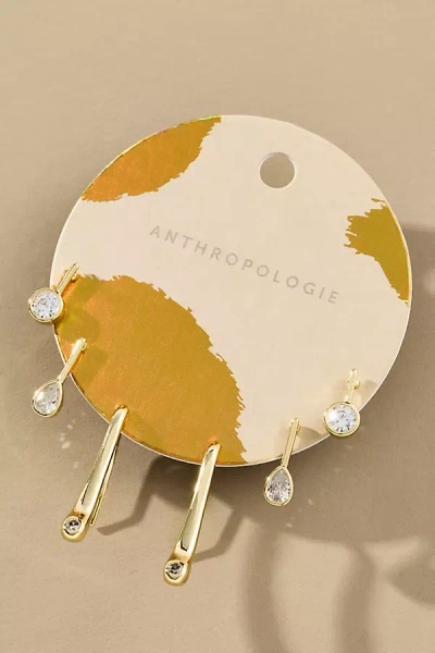 By Anthropologie Bezel Crystal Fishhook Earrings, Set Of 3 In Gold