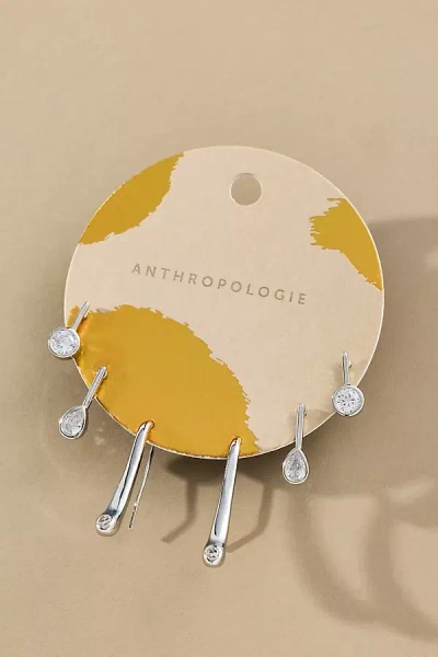By Anthropologie Bezel Crystal Fishhook Earrings, Set Of 3 In Silver