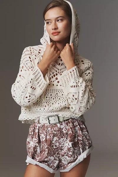 By Anthropologie Boxy Crochet Hooded Jumper In White