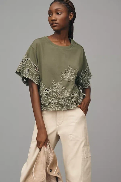 By Anthropologie Boxy Cutwork Tee In Green