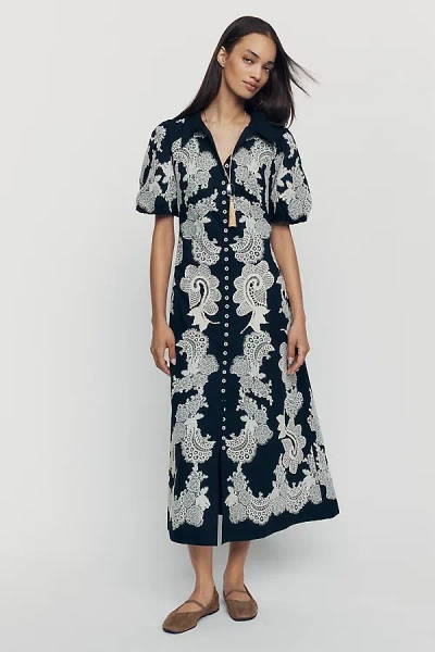 By Anthropologie Button-front Appliqué Midi Dress In Black