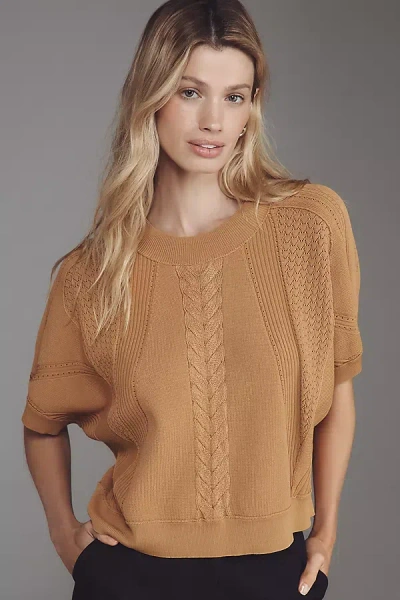 By Anthropologie Cabled Batwing Crop Sweater In Sand