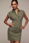 By Anthropologie Cap-sleeve Collared Linen Ruched Mini Dress In Green