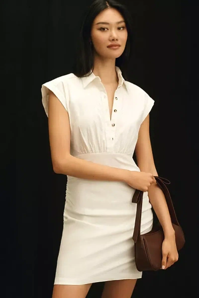 By Anthropologie Cap-sleeve Collared Linen Ruched Mini Dress In White