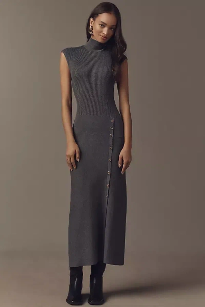 By Anthropologie Cap-sleeve Mock Neck Button-front Slim Knit Midi Dress In Grey