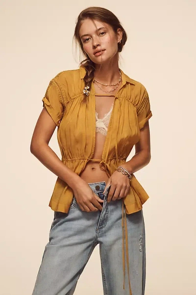 By Anthropologie Cap-sleeve Tunneled Blouse In Gold