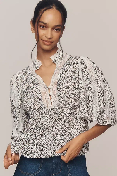 By Anthropologie Cape-sleeve Lace-trim Blouse In Sand