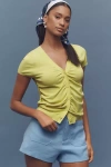 By Anthropologie Cardigan Ruched Short-sleeve V-neck Sweater In Yellow