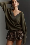 By Anthropologie Cashmere Blend Lace-trim V-neck Sweater In Green